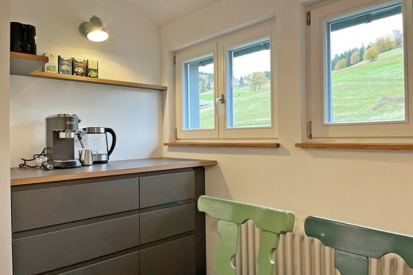 Blick ins Grüne und Küchenzeile mit Kaffemaschine, Wasserkocher, Toaster ...