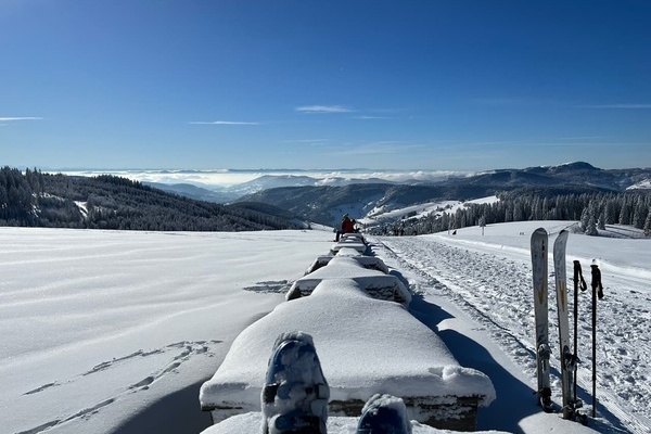 Baumliege - die längste Bank der Welt - auf dem Stübenwasen im Winter - Skitourenziel oder Pause auf der Loipe